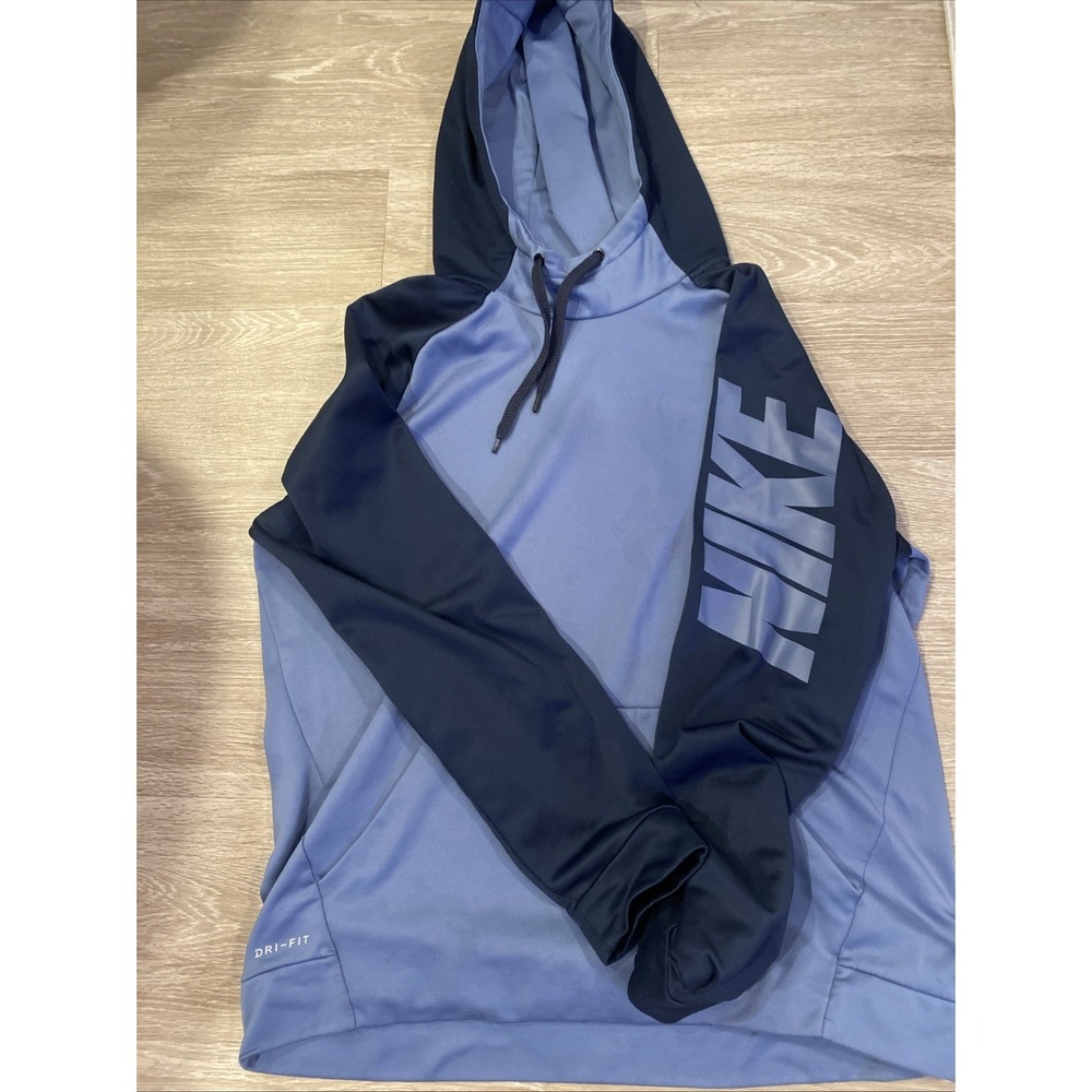 Nike Dri Fit Therma Hoodie Mens L Pullover Navy Blue NIKE Sleeve Logo Dri.
